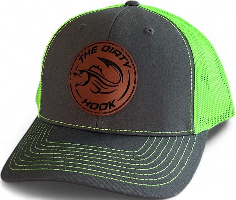 The Dirty Hook Grey/Green with Brown Leather Trucker Hat