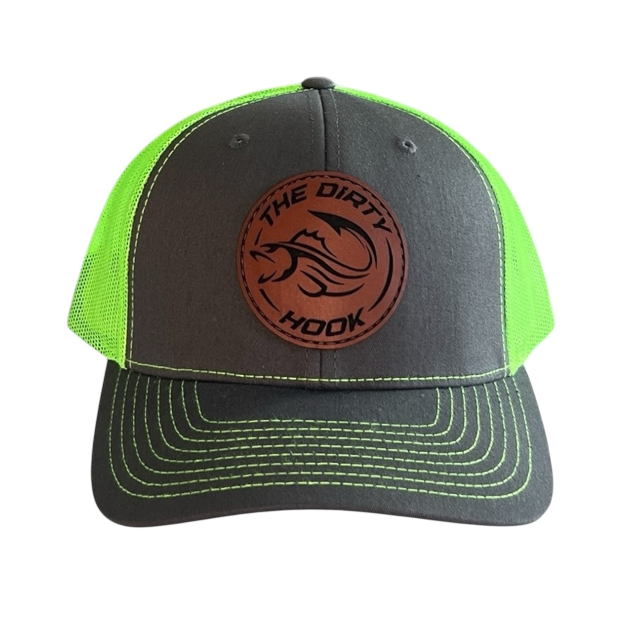 The Dirty Hook Grey/Green with Brown Leather Trucker Hat